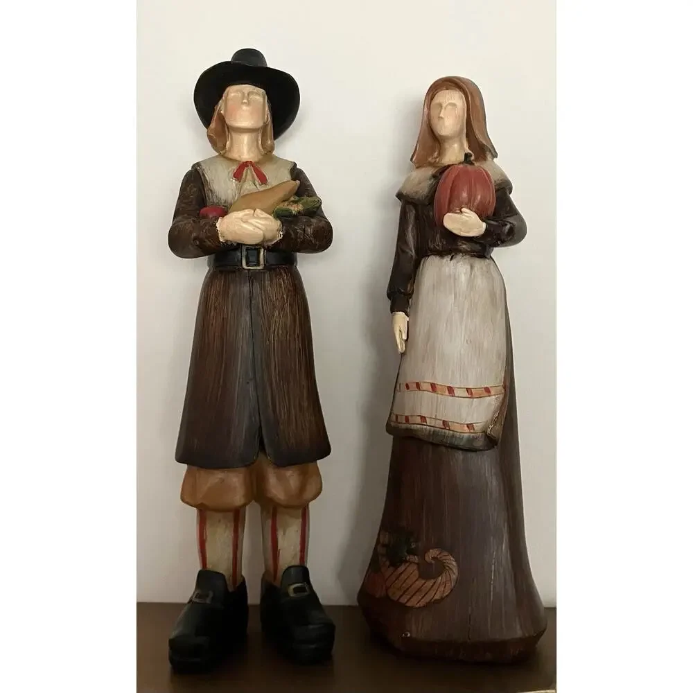 Vtg Faceless Thanksgiving Pilgrim Couple Figurines Hand-Painted Faux Wood Resin